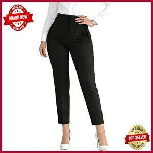 Stretchy High Waisted Pleated Straight Leg Work Pants Polyester Spandex